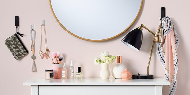 Decorative wall home hooks by the vanity dresser
