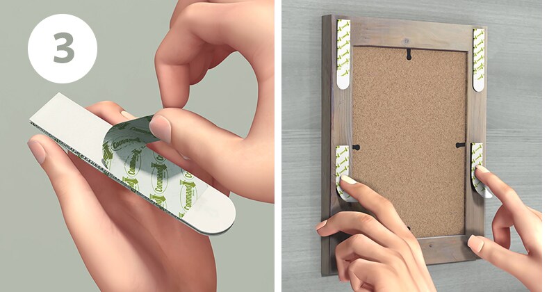 Step 3 of how to use picture hanging command strips -  remove one side of liners, stick on frame, and press firmly.
