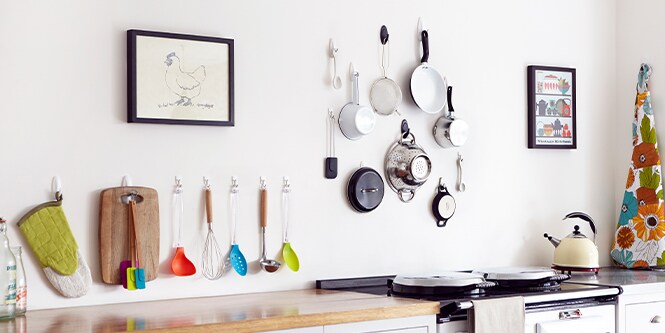 wall hooks for hanging items in the kitchen such as pots, pans, and utensils
